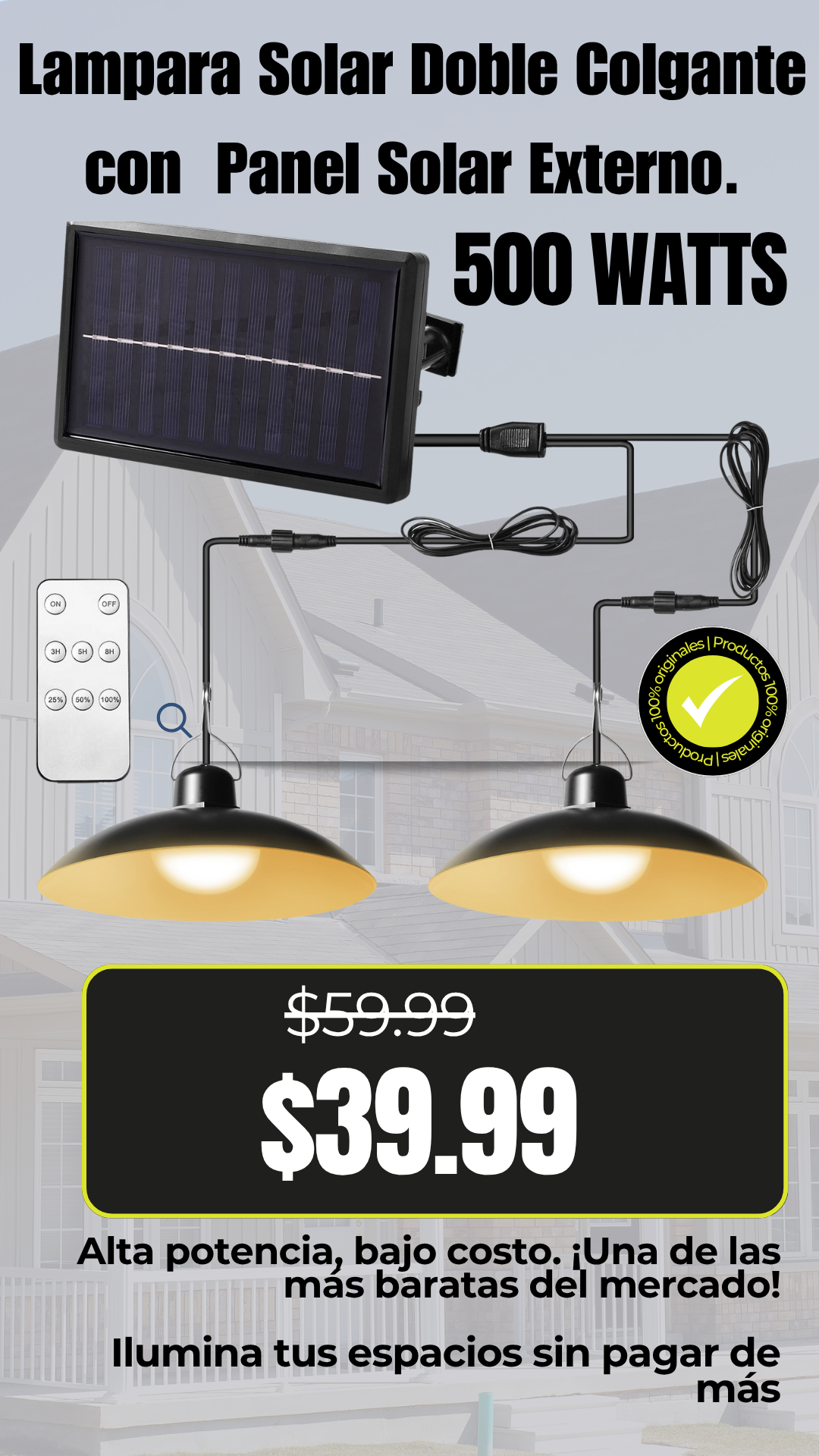 Lampara Solar Doble Colgante Panel Solar Externo.