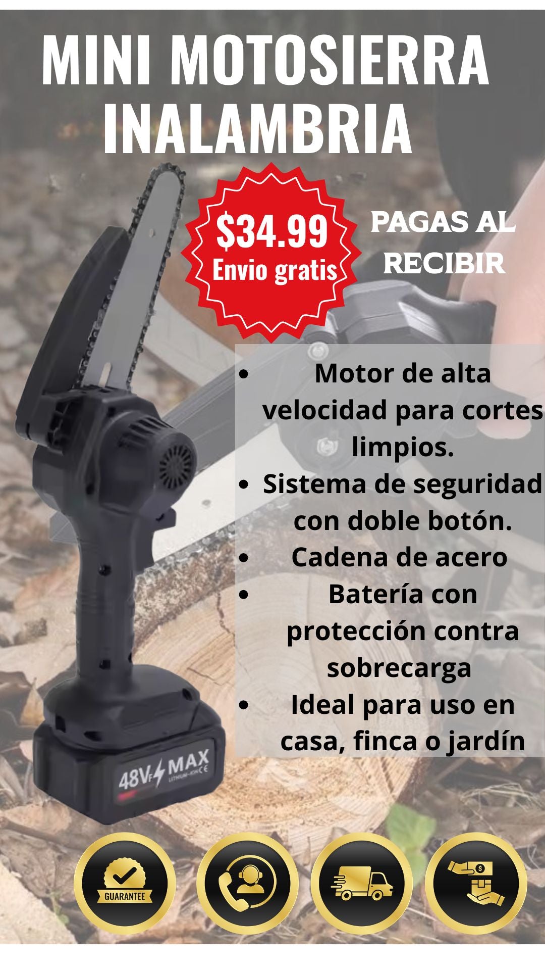 🔥 MINI MOTOSIERRA PORTÁTIL 48V – POTENCIA, SEGURIDAD Y COMODIDAD.