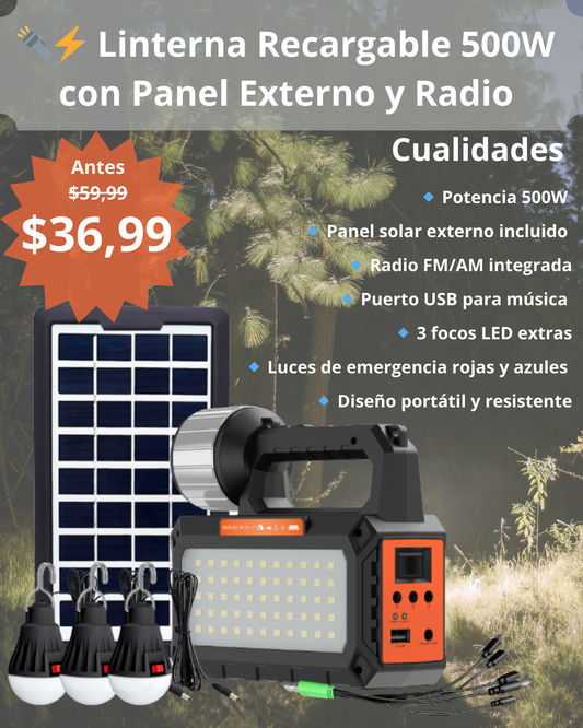 Linterna Recargable 500W con Panel Solar y Radio