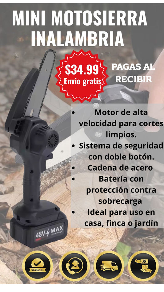 🔥 MINI MOTOSIERRA PORTÁTIL 48V – POTENCIA, SEGURIDAD Y COMODIDAD.